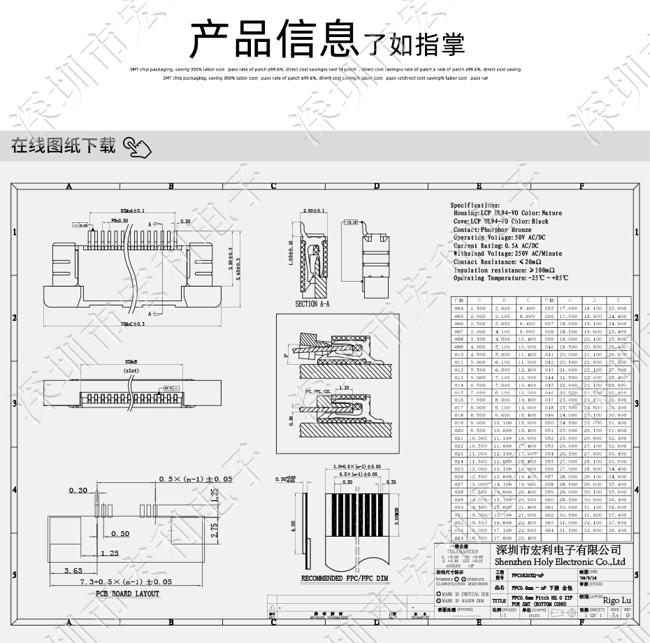 FPC接插件FFC/FPC扁平软排线连接器,0.5-36P下接拉锁