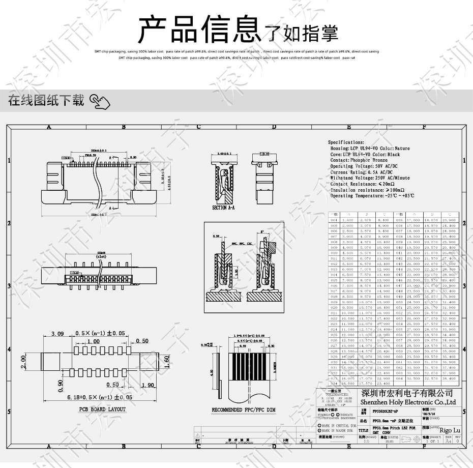 0.5mm-22P立贴带锁交叉错正位 FFC/FPC扁平软排线插座 电缆连接器