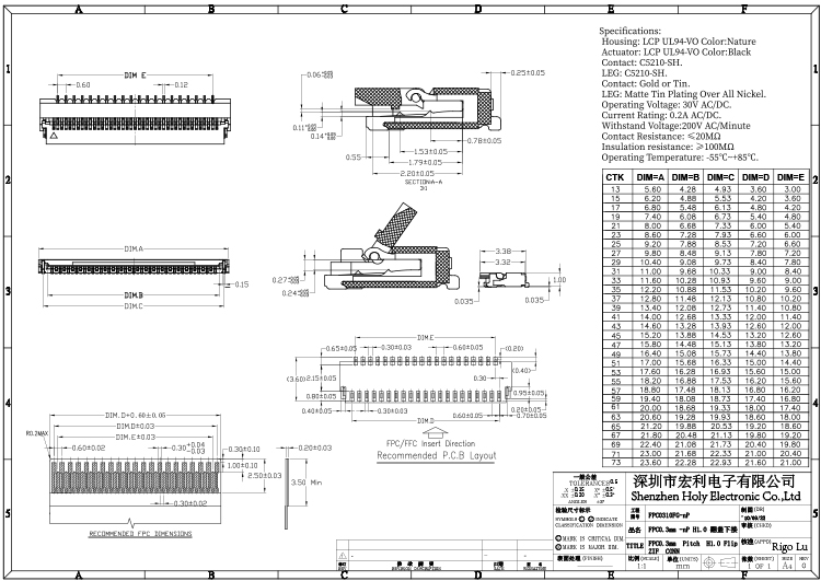 fpc连接器0.3mm间距H1.0厚翻盖下接 封装规格书图纸 型号尺寸图 在线下载